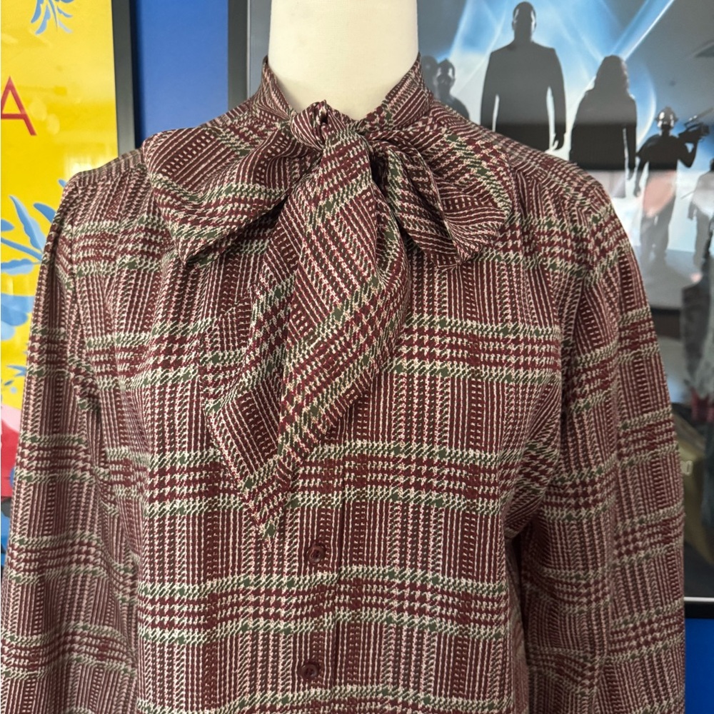 Plaid Women's Blouse with Bow Tie - Picture 2 of 6